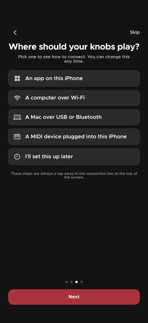 “Where should your knobs play?” — an app on this iPhone, a computer over Wi-Fi, a Mac over USB or Bluetooth, or a MIDI device plugged in