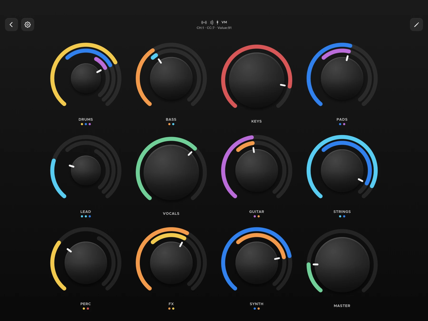 Knob Lab 3 on iPad — a twelve-knob live set, Drums to Master, with colored destination lanes