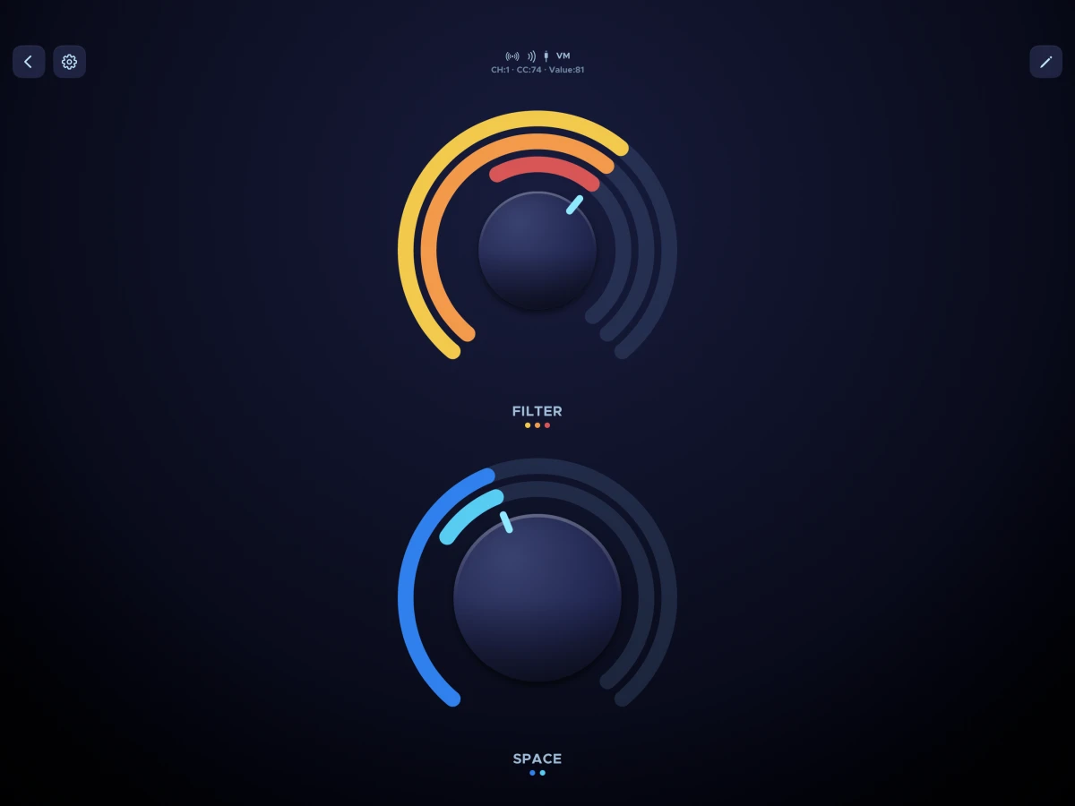 The redesigned controller in the Neon theme — Filter and Space knobs with colored destination lanes
