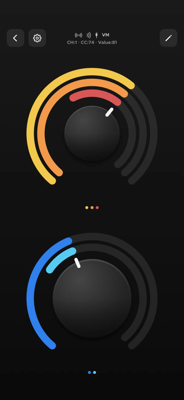 Knob Lab 3 on iPhone — rotary knobs with multiple colored destination lanes