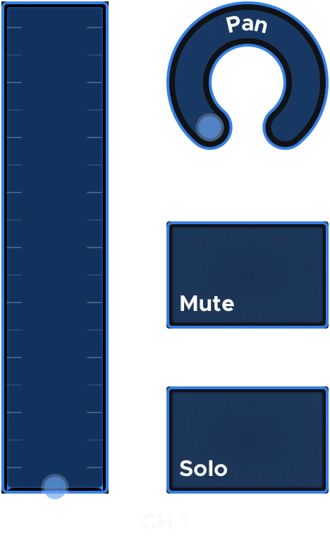 Channel Strip Pro macro — a volume fader, pan knob and Mute and Solo toggles