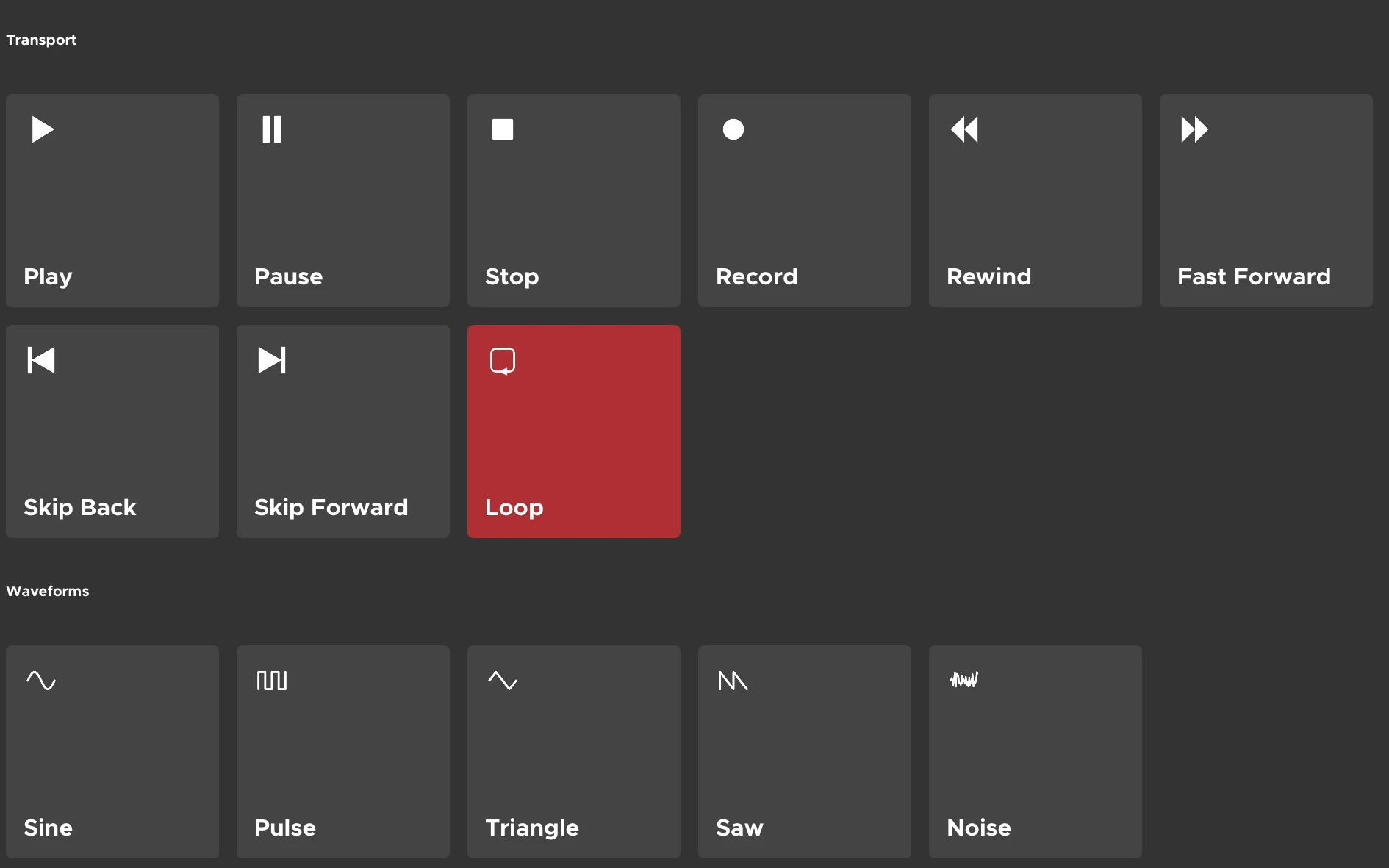 The button Symbol picker — transport, waveform and state symbols, shown alone or with a title