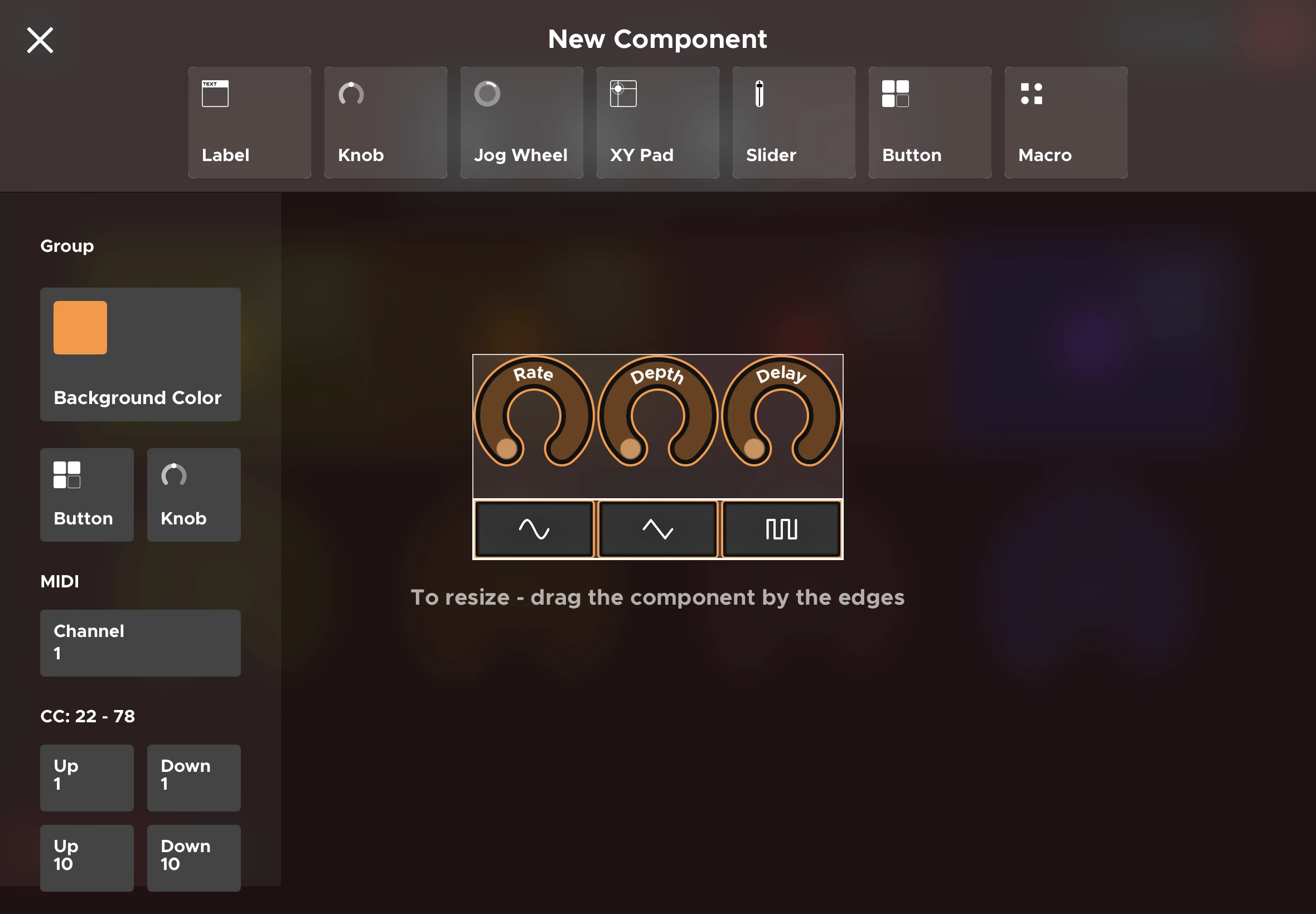 The New Component screen — Label, Knob, Jog Wheel, XY Pad, Slider, Button and Macro
