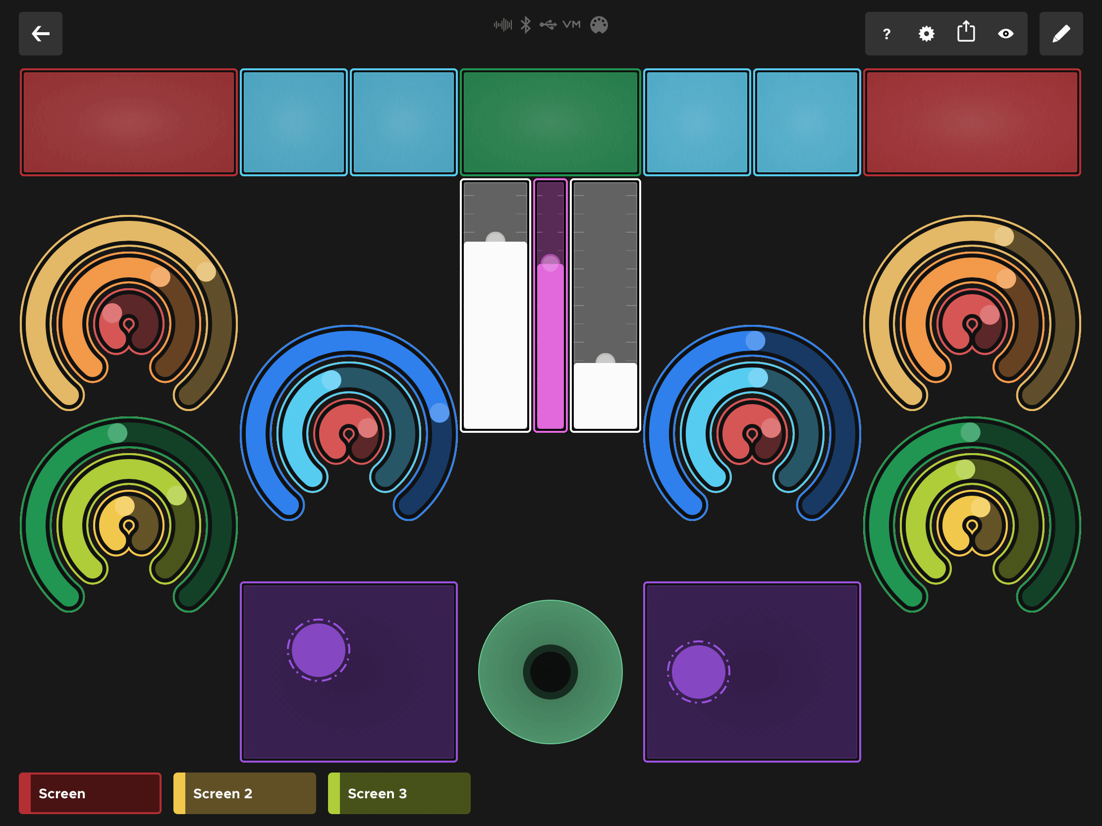 Sonic Logic on iPad — a control surface with stacked knobs, sliders, pads and a jog wheel across three screens