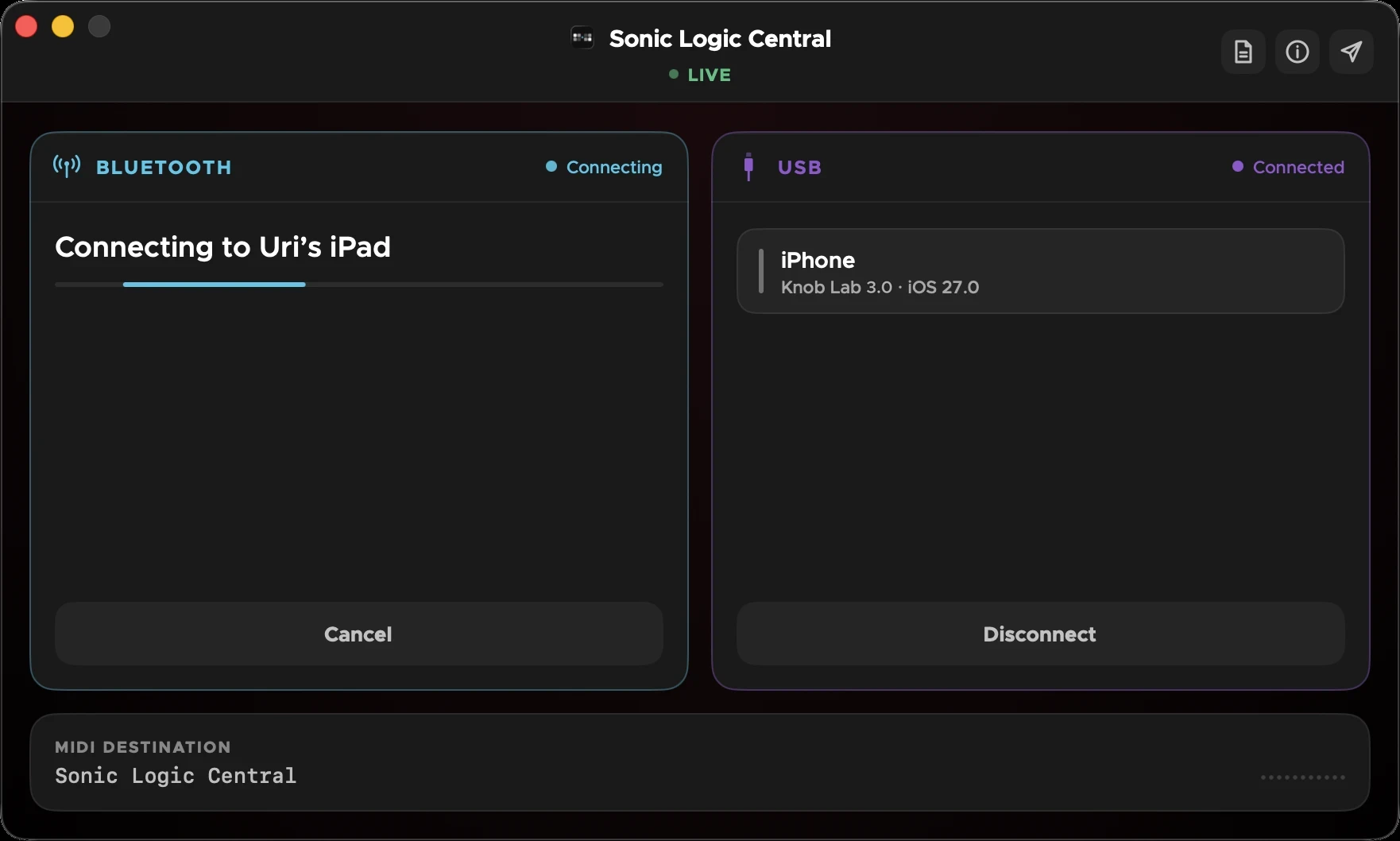Sonic Logic Central on Mac — Bluetooth and USB connection panels